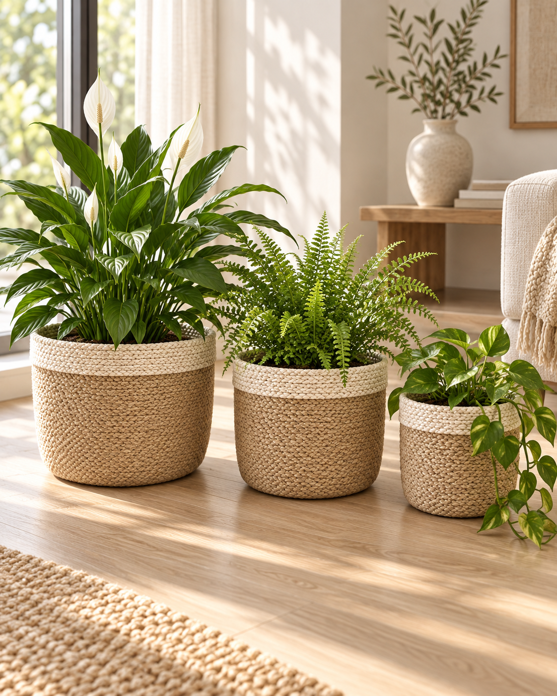 Seagrass Planters with White Rim, Set of 3