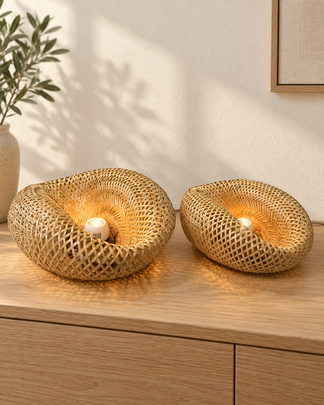 Two handwoven bamboo halo lamp shades illuminated in a natural interior