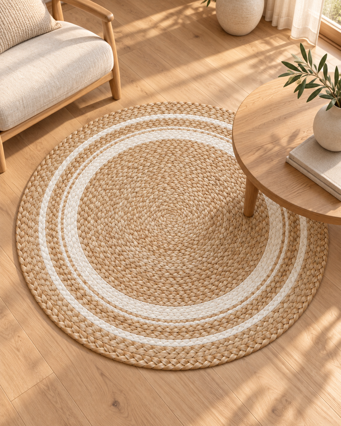 Jute Round Rug – Natural / White – 100 cm