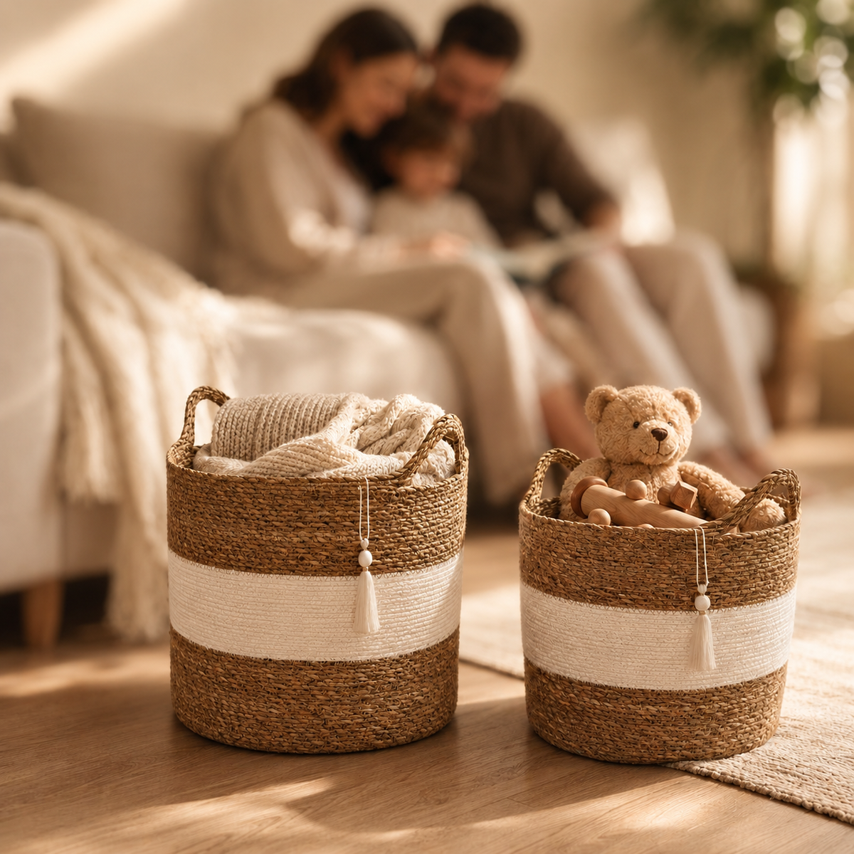 Seagrass Storage Baskets, Set of 2 – Natural / White in an interior