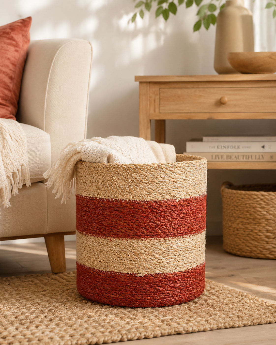 Seagrass Storage Basket – Bleached / Orange in an interior