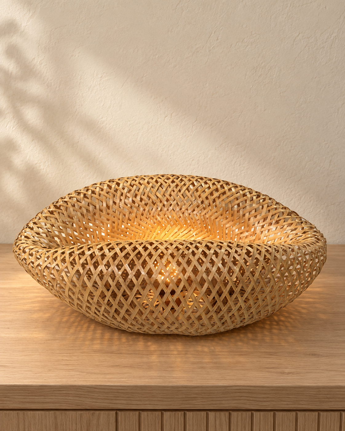 Handwoven bamboo halo lamp shade illuminated in a natural interior