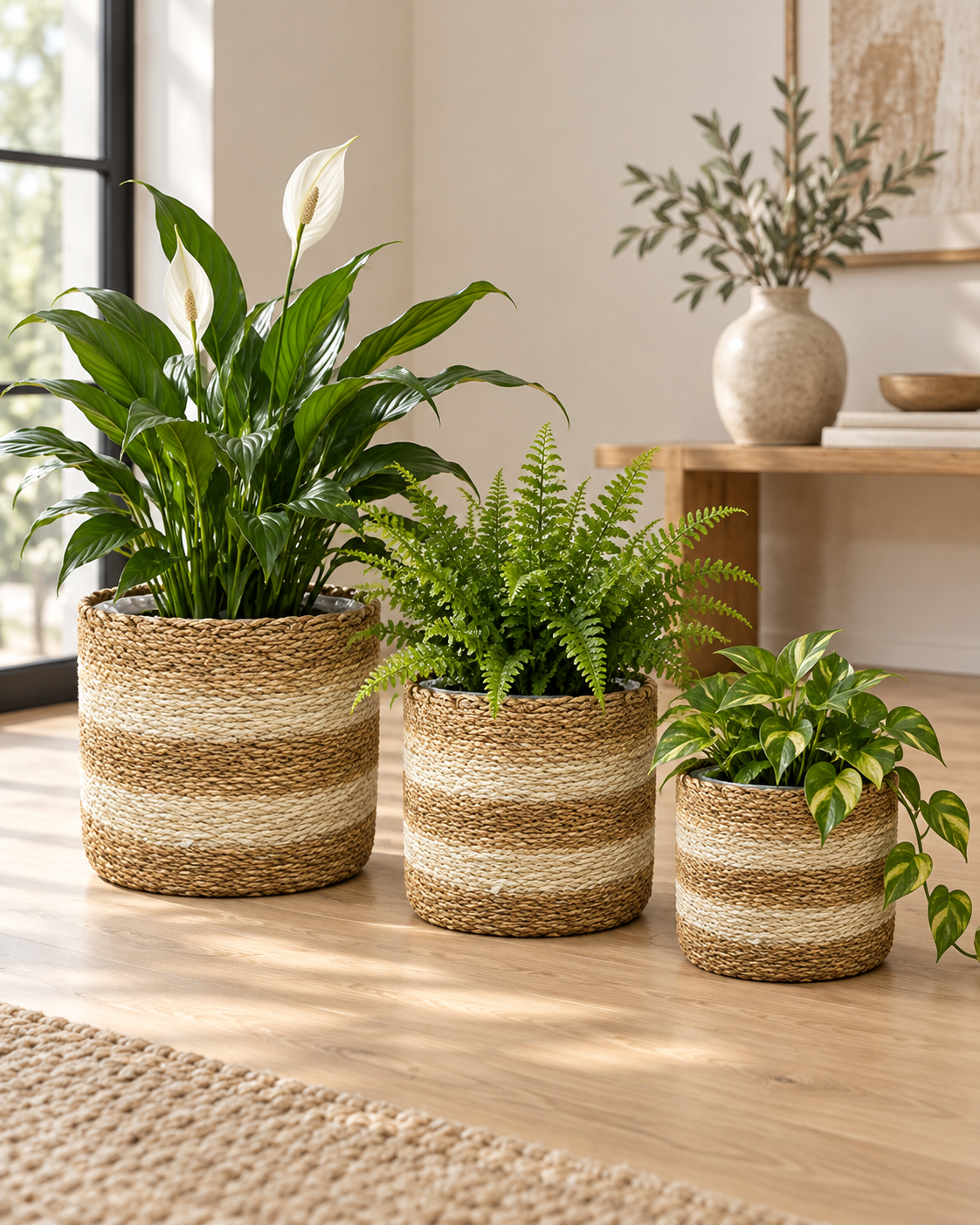 Striped Seagrass Planters, Set of 3