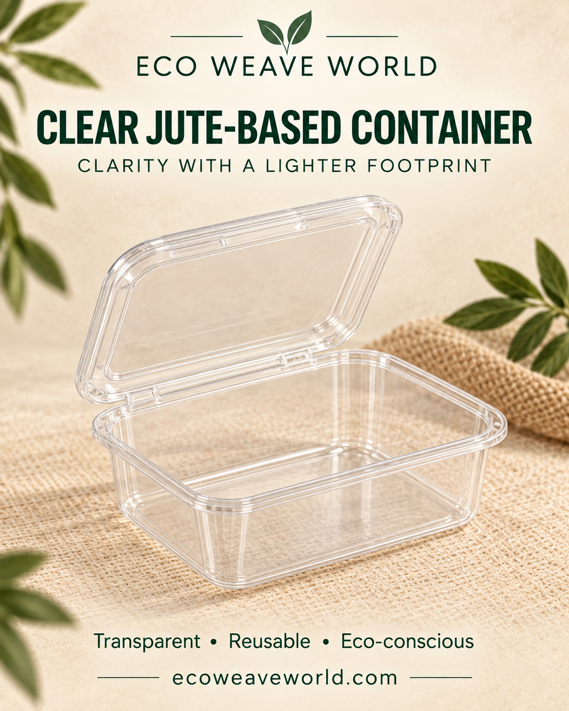 Clear rectangular jute-based food container with hinged lid